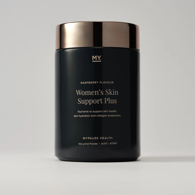 Women's Skin Support Plus 132 g tub with a rose gold lid, on a grey background.