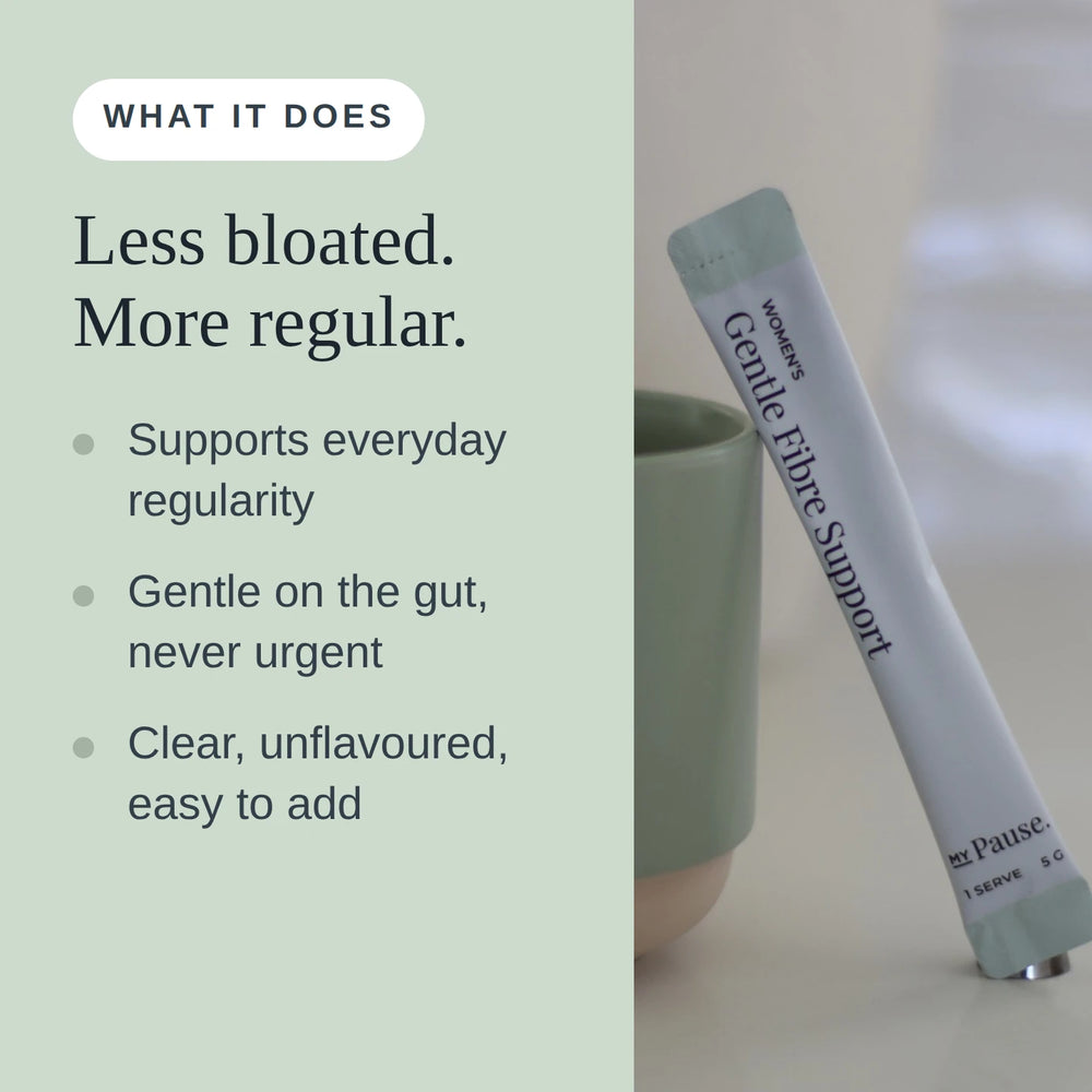 What it does: less bloated, more regular. Supports everyday regularity, gentle on the gut and never urgent, clear and unflavoured.