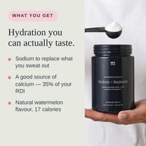 Hydrate + Replenish gives sodium, a good source of calcium and natural watermelon flavour.