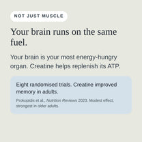 Creatine helps replenish ATP in the brain. A 2023 review of eight trials found it improved memory in adults.