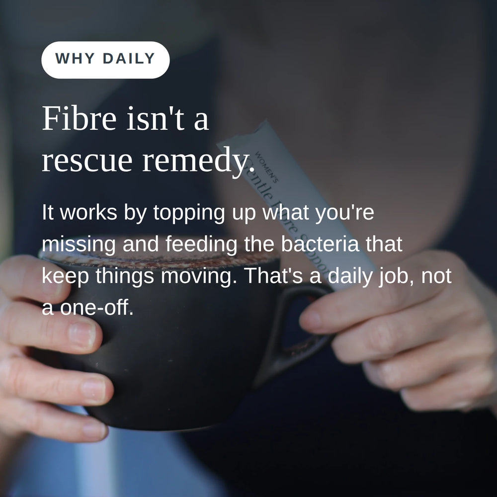 Why daily: fibre isn't a rescue remedy. It works by topping up what you're missing and feeding the bacteria that keep things moving.