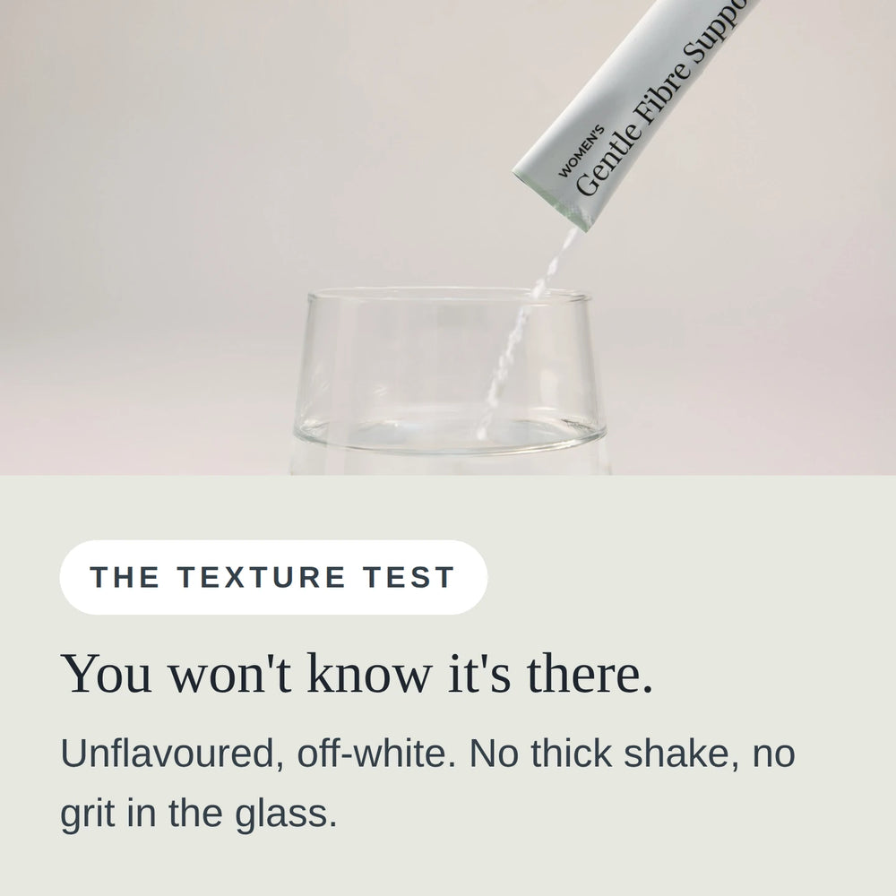 The texture test: you won't know it's there. Unflavoured and off-white, with no thick shake and no grit in the glass.