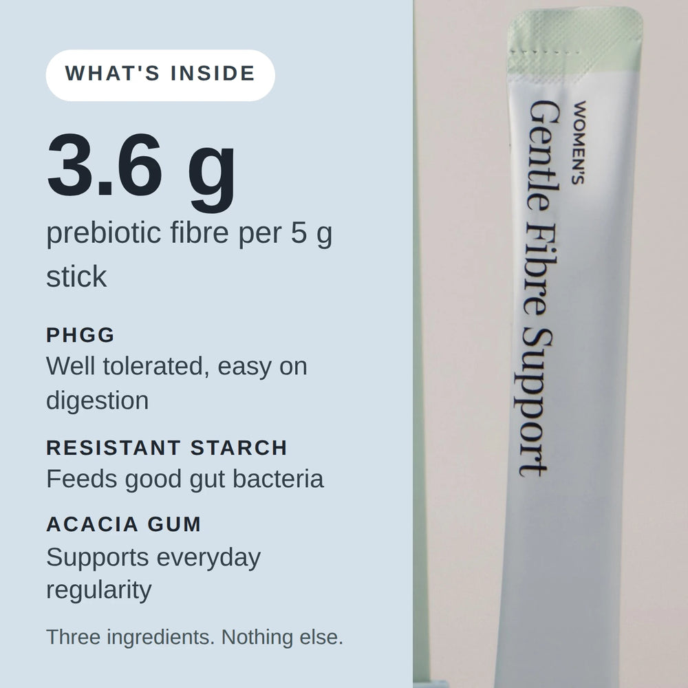 What's inside: 3.6g of prebiotic fibre per 5g stick, from PHGG, resistant starch and acacia gum. Three ingredients, nothing else.