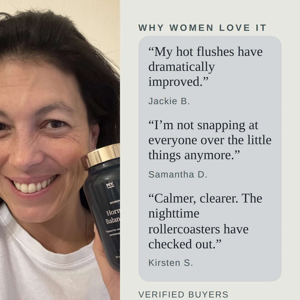 Three verified customer reviews describing fewer hot flushes, a calmer mood and a clearer head.