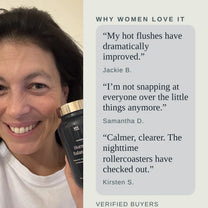 Three verified customer reviews describing fewer hot flushes, a calmer mood and a clearer head.