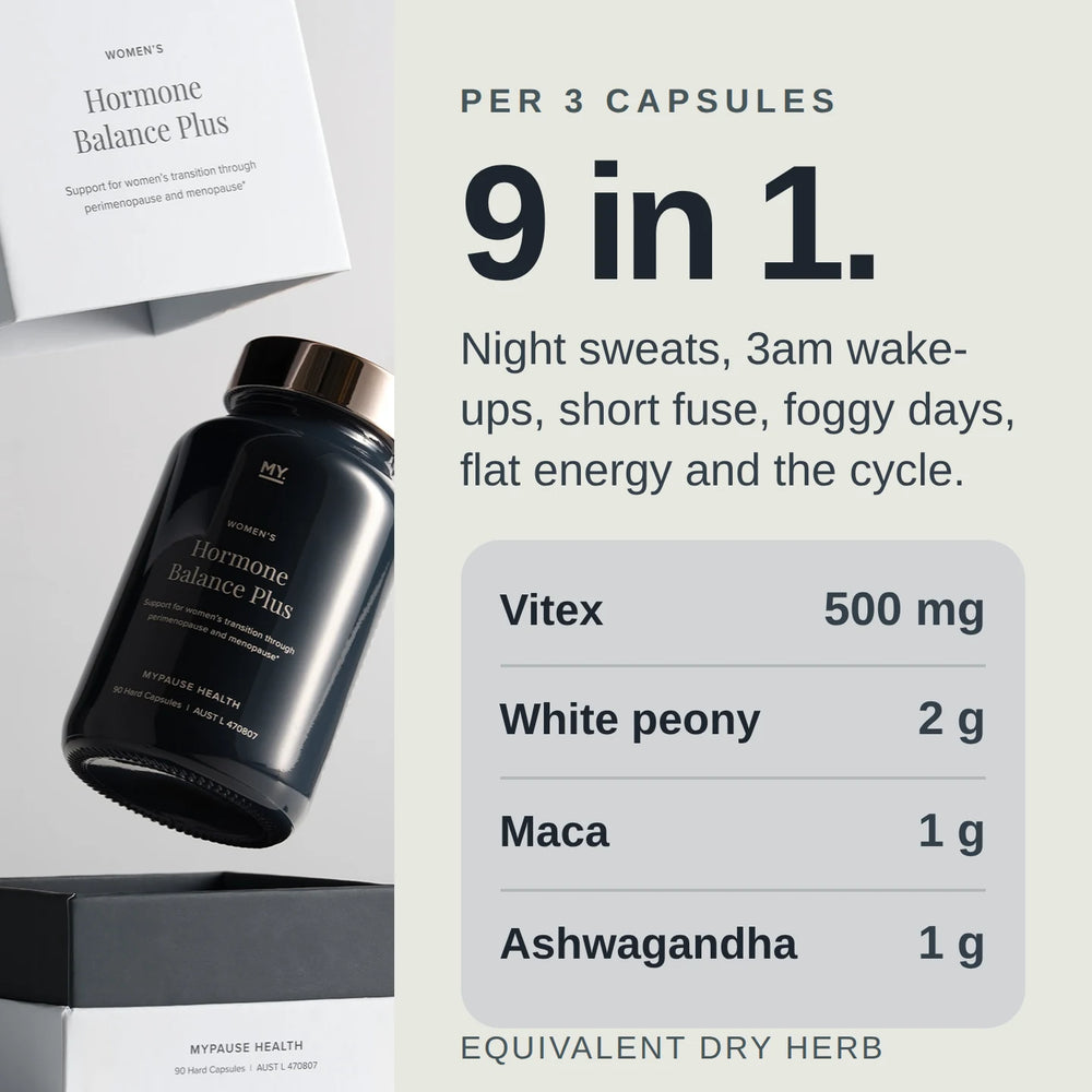 Nine herbs in one formula per three capsules: Vitex 500 mg, white peony 2 g, maca 1 g and ashwagandha 1 g.