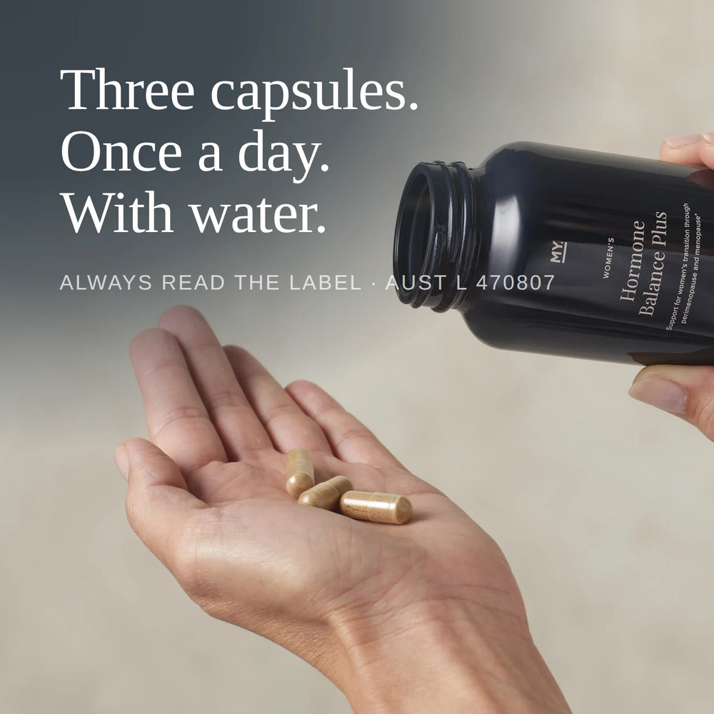 Three Hormone Balance Plus capsules poured into an open hand: three capsules, once a day, with water.