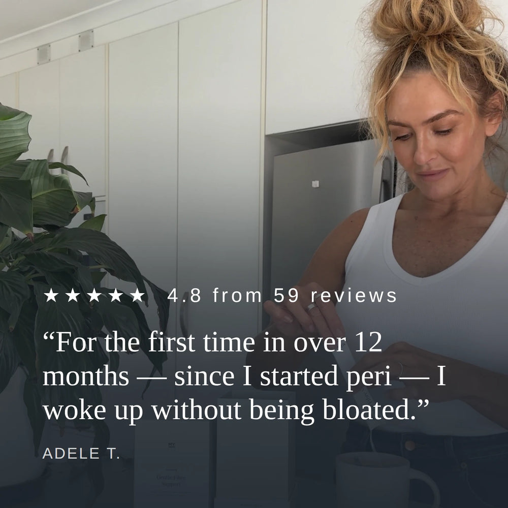 Customer review, 4.8 from 59 reviews: 'For the first time in over 12 months, since I started peri, I woke up without being bloated.' Adele T.