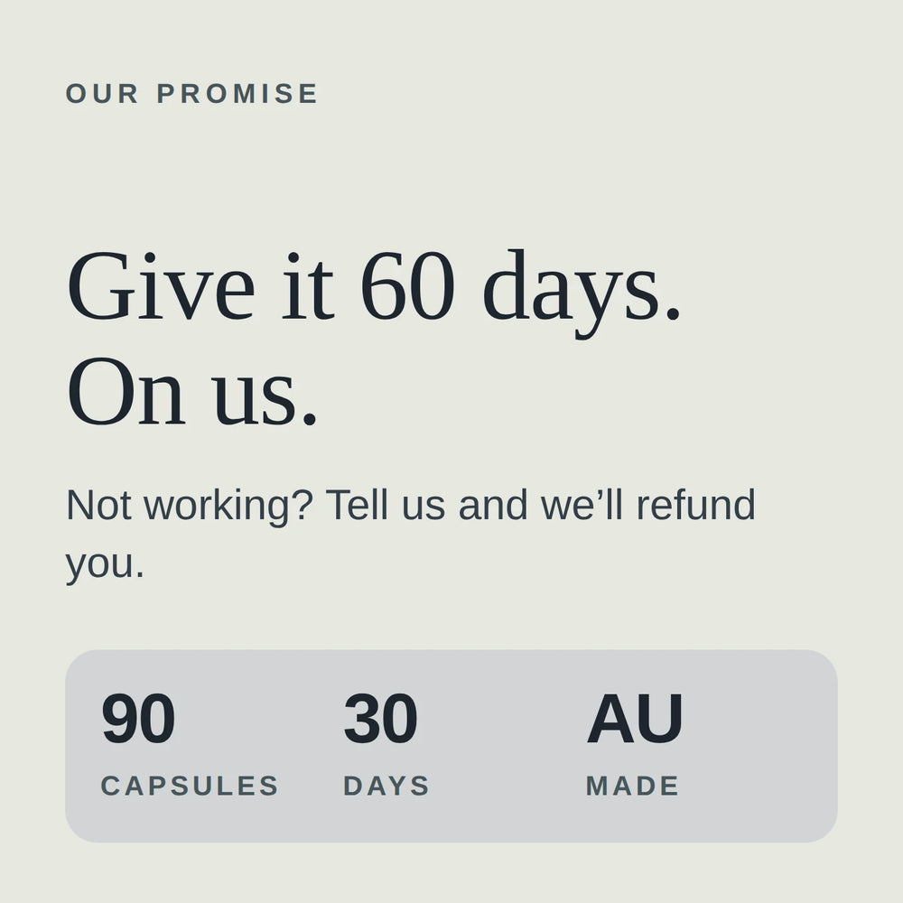 Give it 60 days with a money-back guarantee. 90 capsules, 30 days, Australian made.
