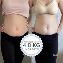 Before and after comparison with a badge reading Richelle lost 4.8kg in 30 days.