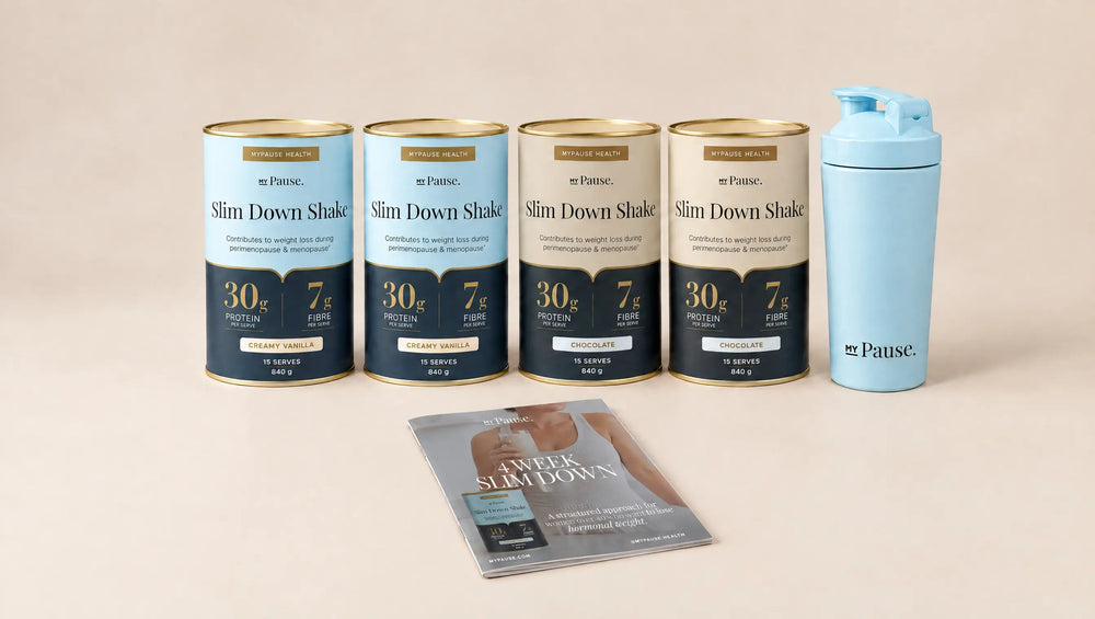 4-Week Slim Down, 2 shakes a day: four tins of Women's Slim Down Shake, steel shaker and the 4-week guide