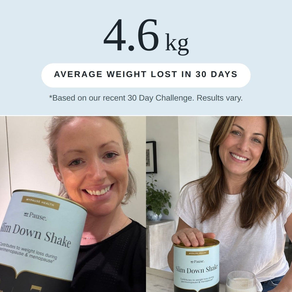 4.6 kg average weight lost in 30 days, based on our recent 30 Day Challenge, with photos of two participants holding the Slim Down Shake. Results vary.
