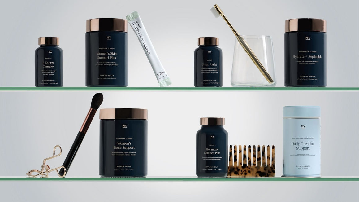 The MyPause product range lined up on a clean white background