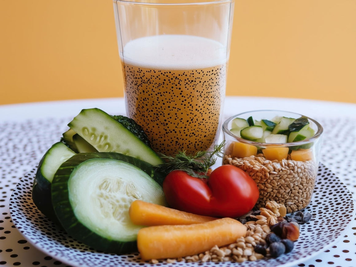 A plate of fresh vegetables and fruit beside a breakfast shake