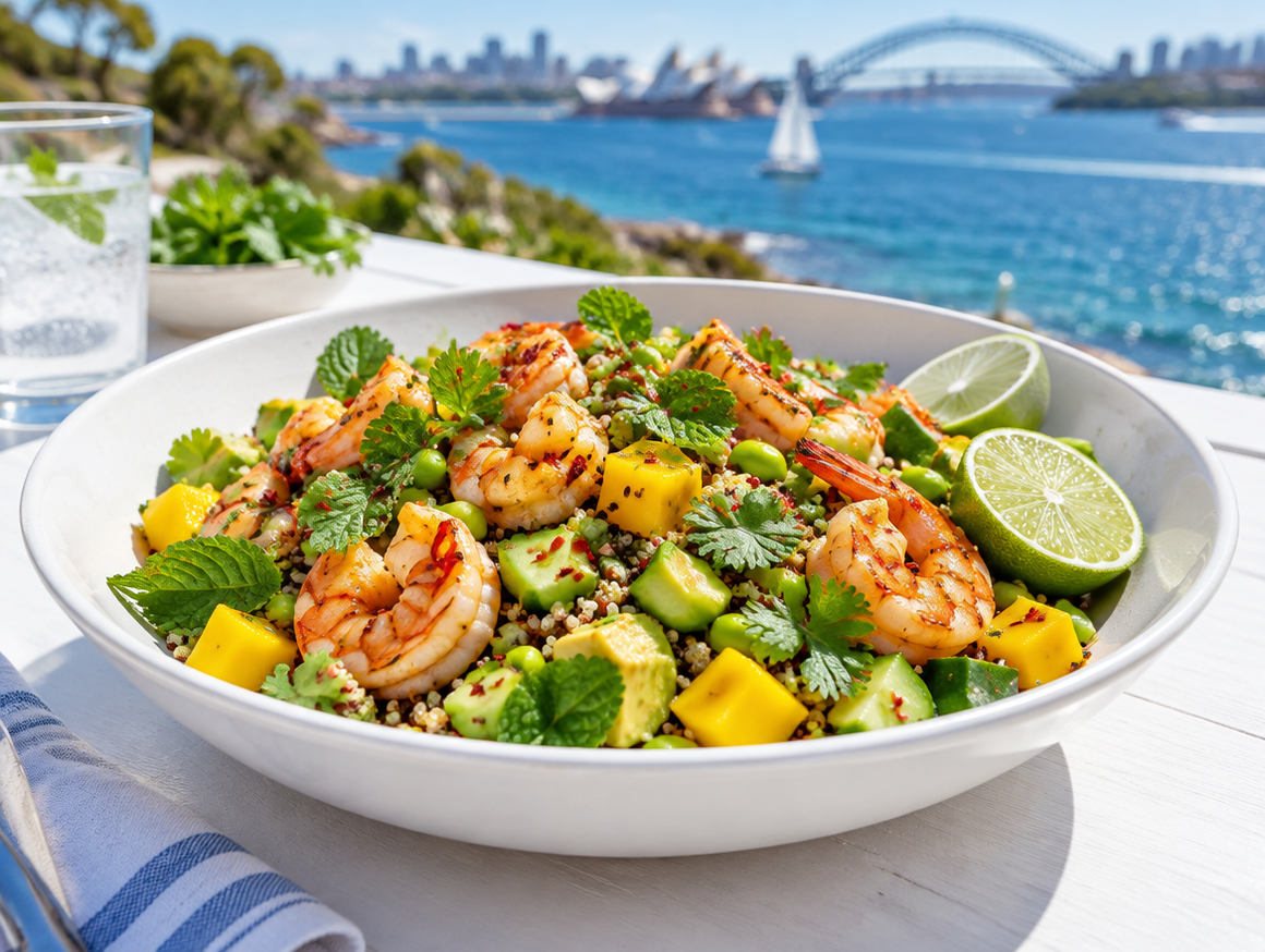Garlic prawn, mango and quinoa salad on an outdoor table overlooking Sydney Harbour