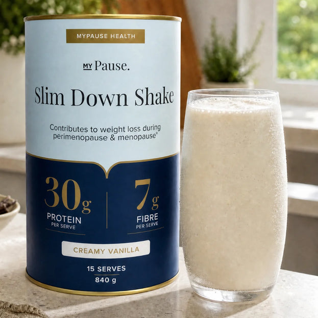 MyPause Slim Down Shake in Creamy Vanilla, 30g protein and 7g fibre per serve, 15 serves, beside a glass of the prepared shake.