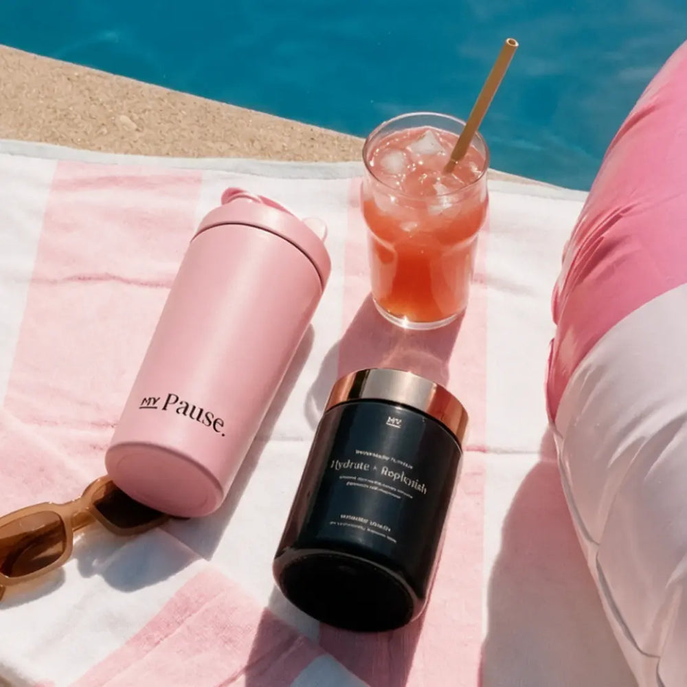 Pink MyPause steel shaker bottle and a bottle of Hydrate + Replenish on a pink striped towel by a pool, next to a glass of pink iced drink.