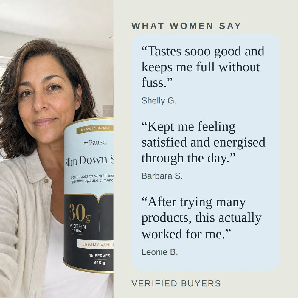 Three verified customer reviews of the Slim Down Shake, beside a photo of a woman holding a chocolate shake in her kitchen.