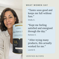 Three verified customer reviews of the Slim Down Shake, beside a photo of a woman holding a chocolate shake in her kitchen.
