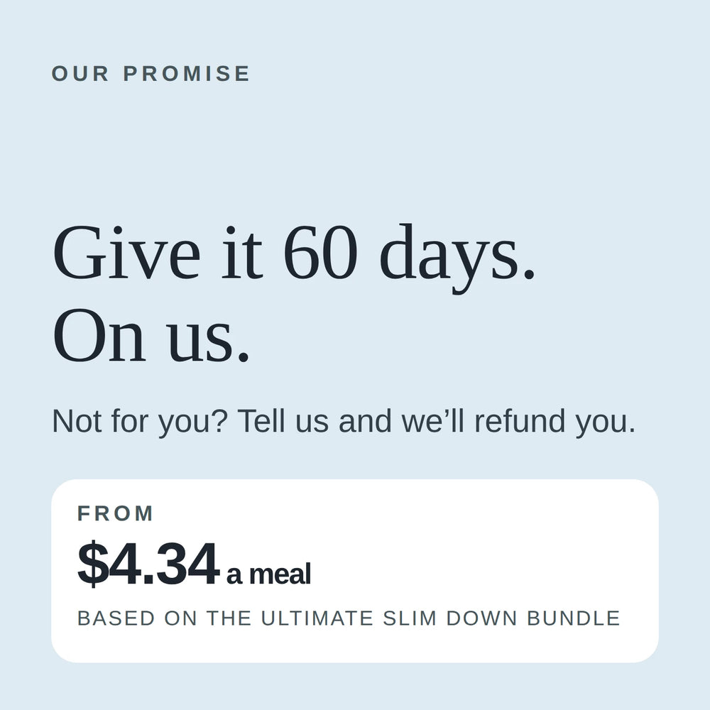 Our promise: give it 60 days, on us. Not for you, tell us and we will refund you. From $4.34 a meal based on the Ultimate Slim Down Bundle.