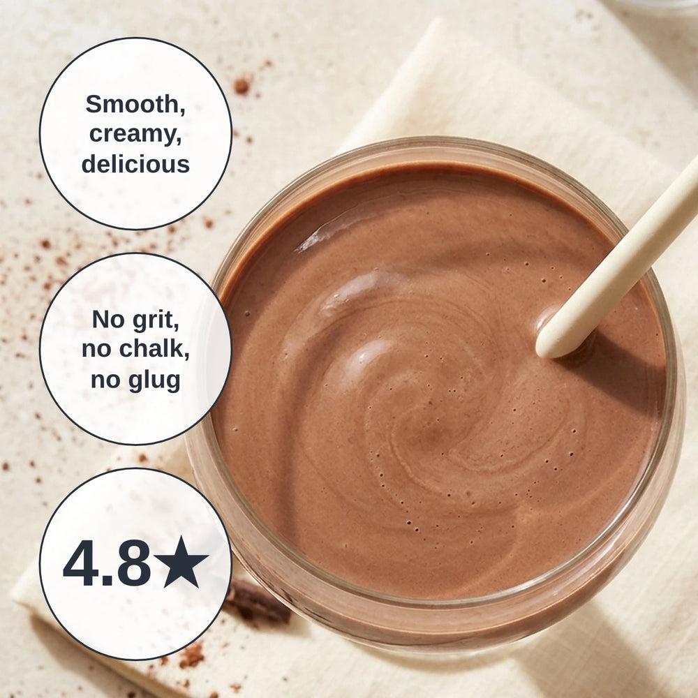 Close-up of a thick, glossy chocolate Slim Down Shake with a cream straw, with badges reading smooth, creamy, delicious; no grit, no chalk, no glug; and 4.8 stars.