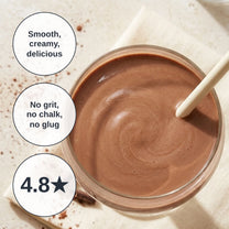 Close-up of a thick, glossy chocolate Slim Down Shake with a cream straw, with badges reading smooth, creamy, delicious; no grit, no chalk, no glug; and 4.8 stars.