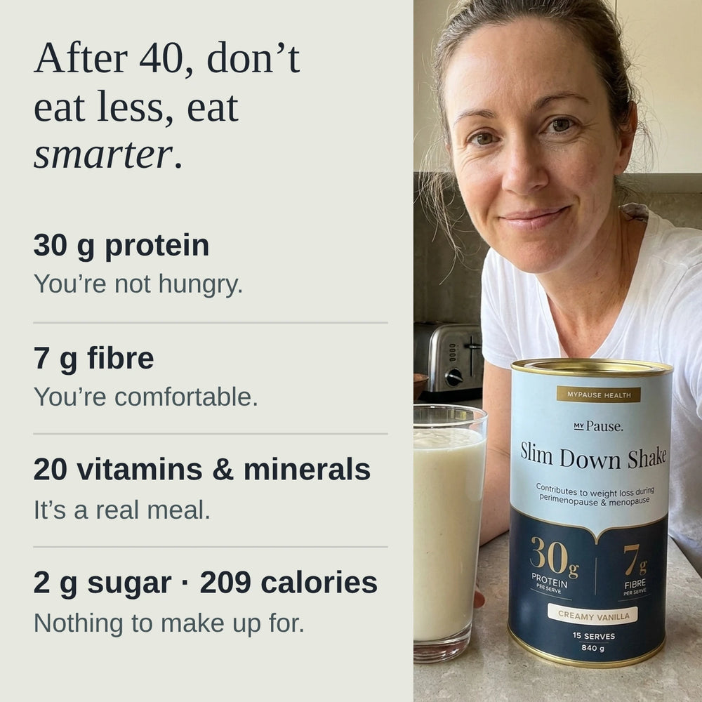 After 40, don't eat less, eat smarter: 30g protein so you're not hungry, 7g fibre so you're comfortable, 20 vitamins and minerals so it's a real meal, 2g sugar and 209 calories. Beside a photo of a woman in her kitchen holding the Creamy Vanilla tin and a glass of vanilla shake.