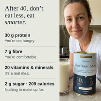 After 40, don't eat less, eat smarter: 30g protein so you're not hungry, 7g fibre so you're comfortable, 20 vitamins and minerals so it's a real meal, 2g sugar and 209 calories. Beside a photo of a woman in her kitchen holding the Creamy Vanilla tin and a glass of vanilla shake.